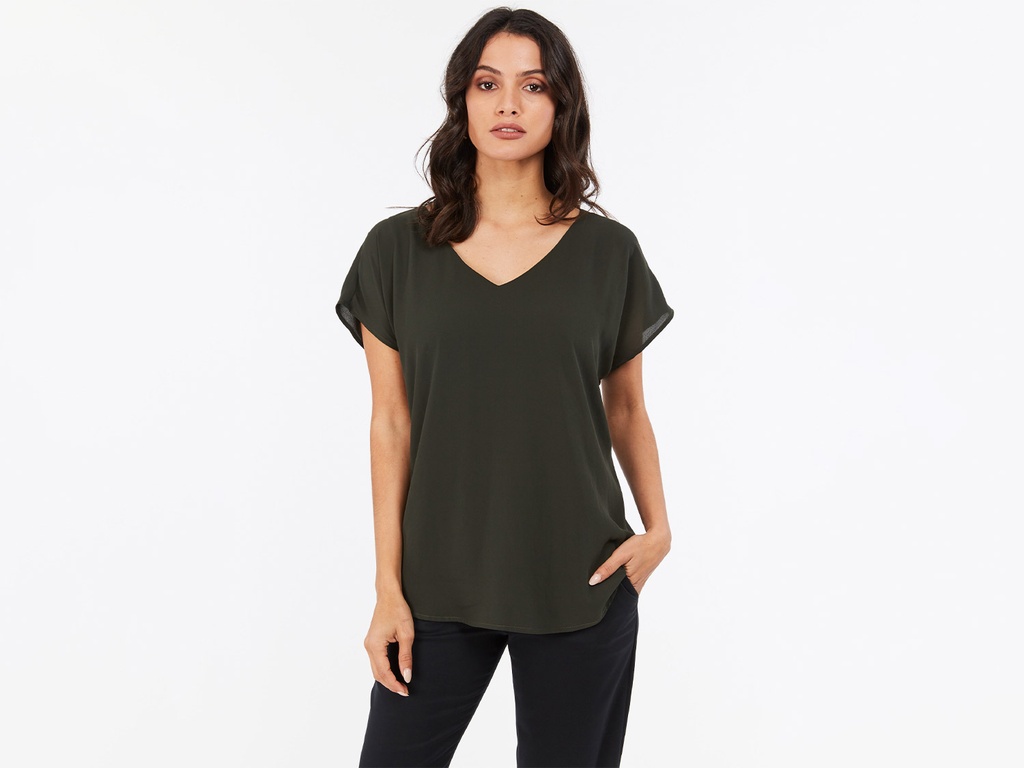 Short Sleeve V-Neck Top - Khaki