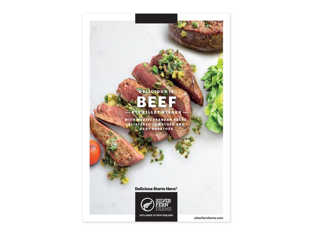 Recipe Cards - Delicious is Beef - Eye Fillet Steaks with Mediterranean Salsa, Blistered Tomatoes and Baby Potatoes - Pack of 10